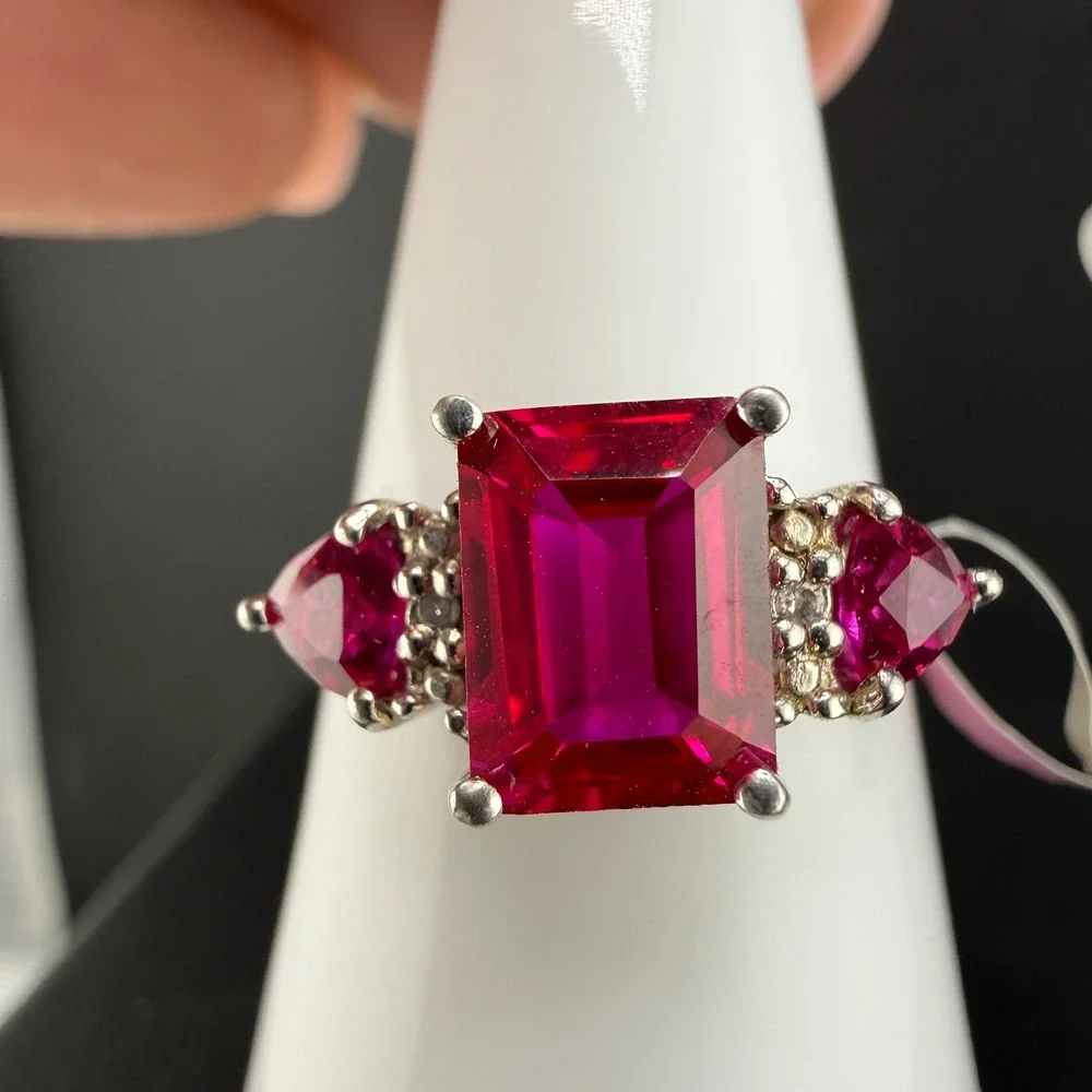 Sterling Silver Created Lab Ruby Three Stone Ring Red Women Size 8